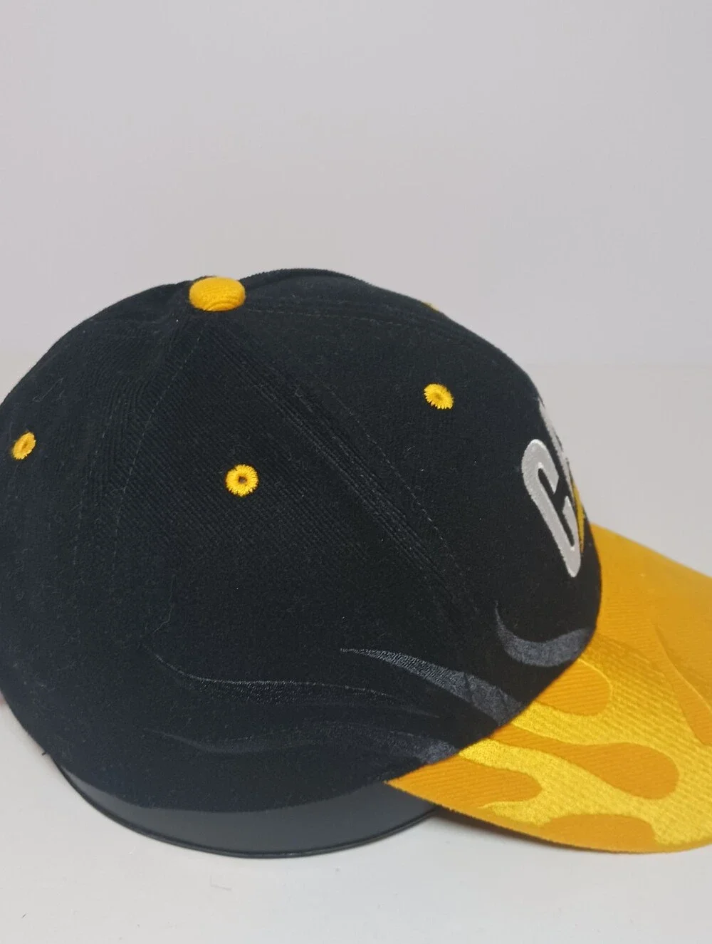Vintage CAT Caterpillar Flames Cap Hat Black Yellow Cyrk OSFM Adjustable